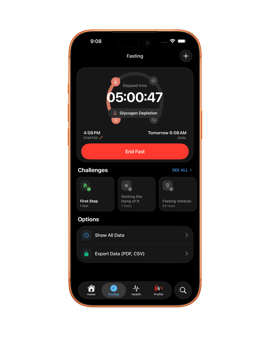 The Leen intermittent-fasting timer showing elapsed time and the current fasting stage.