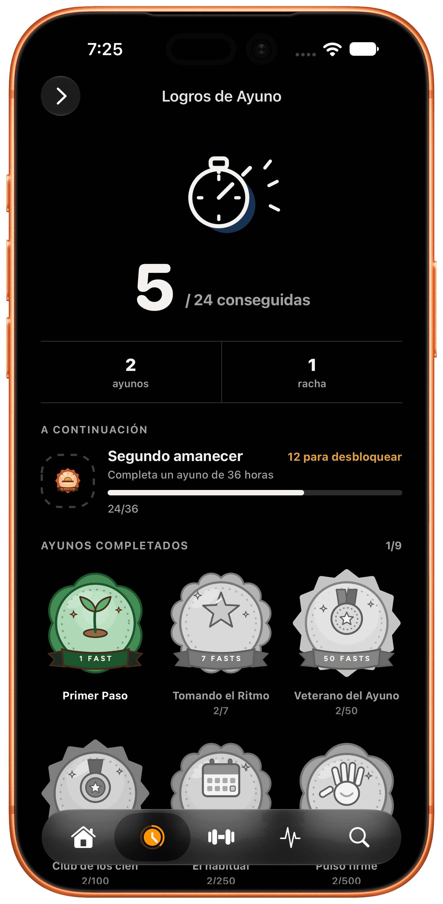 Logros de ayuno — Desbloquea insignias y mantén tu racha cada vez que completas un ayuno. (es)